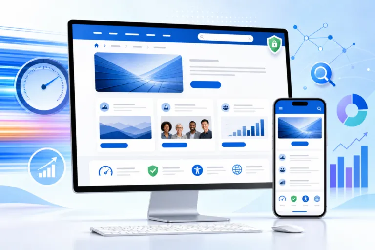 Editorial hero image of a modern, high-performing website concept: a sleek desktop monitor and smartphone displaying a clean responsive interface with clear navigation, search bar, breadcrumb trail, organized content cards, prominent CTA buttons, and subtle secure HTTPS shield icon, surrounded by abstract UX and SEO motifs like speed lines, analytics graphs, and connected nodes; bright professional digital marketing aesthetic, polished UI/UX design, minimal clutter, diverse audience accessibility cues, blue and white color palette with tasteful gradients, crisp lighting, high detail, contemporary corporate style, no readable text, no logos, no branding
